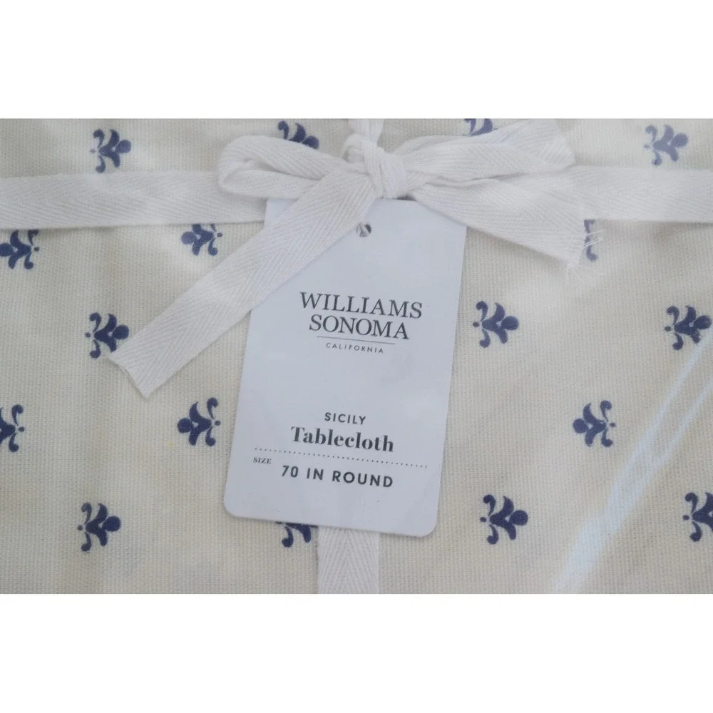 Williams Sonoma Sicily Tablecloth 70 Round Cream Blue Yellow Mediterranean New